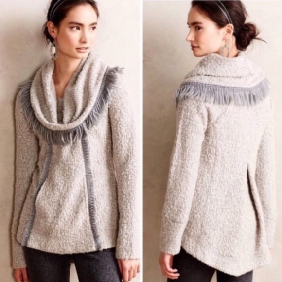 Anthropologie Angel of the North Gray Wool Blend Fringe Cowl Neck Sweater - Picture 1 of 8